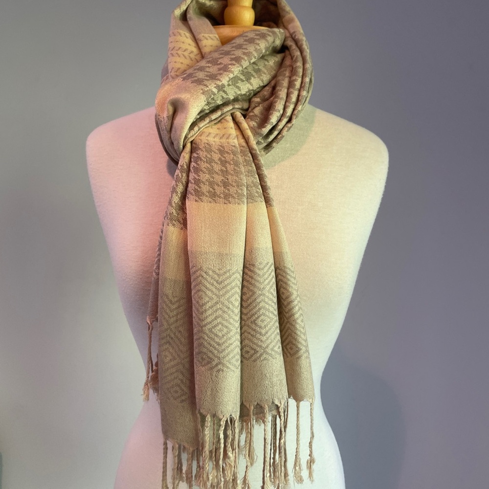 Jeanne Simmons Houndstooth Scarf Oversized Geometric Blue Cream Fringe Light